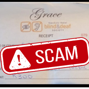 ⚠️ PUBLIC NOTICE ⚠️ It has come to our attention that an individual or individuals are unlawfully using the KZN Blind and Deaf Society (KZNBDS) name and issuing fake receipts in an attempt to raise funds from the public. We wish to make it clear that these fundraising activities are not authorised by KZNBDS. We urge members of the public not to make any payments or donations to anyone claiming to represent the Society without first verifying their legitimacy. If you are approached by anyone using the KZNBDS name or presented with suspicious receipts, please do not support the activity and report it immediately to the Society on 084 8333 837 or 067 2817 782. We thank the public for their vigilance and continued support in protecting the integrity of KZNBDS. NB: Any fraudulent use of the KZNBDS name will be reported to the relevant authorities for investigation.