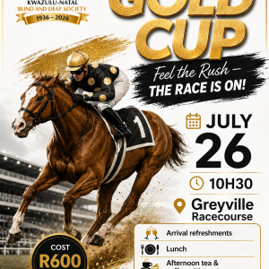 oin the KwaZulu-Natal Blind and Deaf Society as we celebrate an unforgettable day at the World Pool Gold Cup! 📅 26 July 🕥 10:30 📍 Dynasty Room, Greyville Racecourse 💰 R600 per person Your ticket includes: 🥂 Arrival refreshments 🍽️ Lunch ☕ Afternoon tea & coffee with treats 🍴 Supper Enjoy a thrilling day of horse racing while supporting the life-changing work of the KZN Blind and Deaf Society. 📞 To book or for more information: Anoosha: 084 494 3907 Yegeshne: 084 8333 837 Seats are limited – book today and join us for a winning day at the races!
